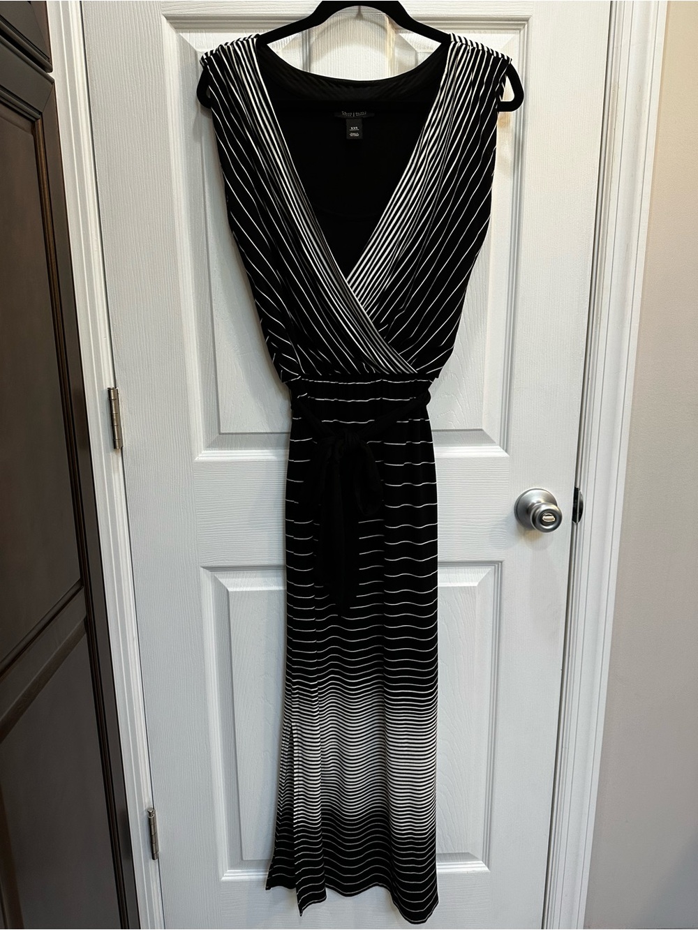 White House Black Market black and white striped maxi dress with wrap belt.